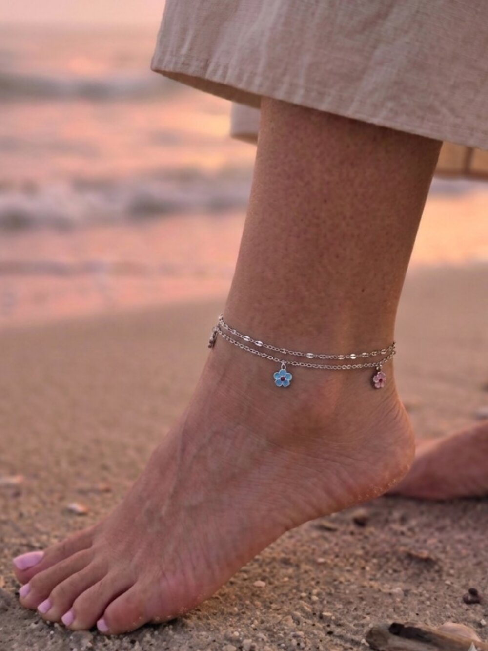 Boho Silver Double Chain Flower Anklet Pink Blue